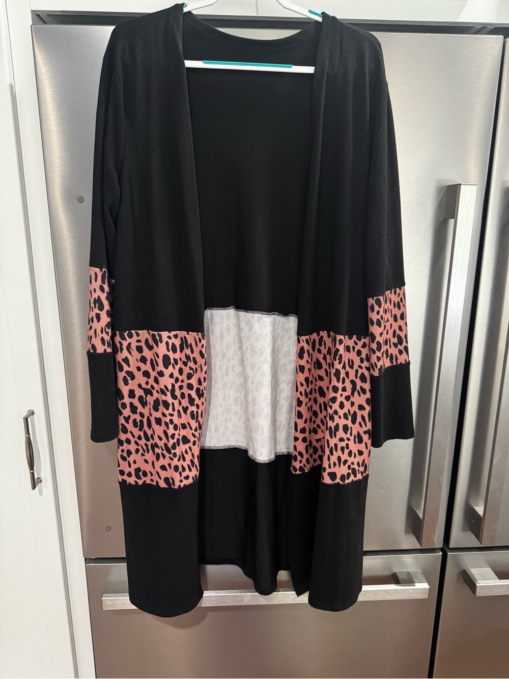 Black Open-Front Cardigan with Brown Leopard Panels